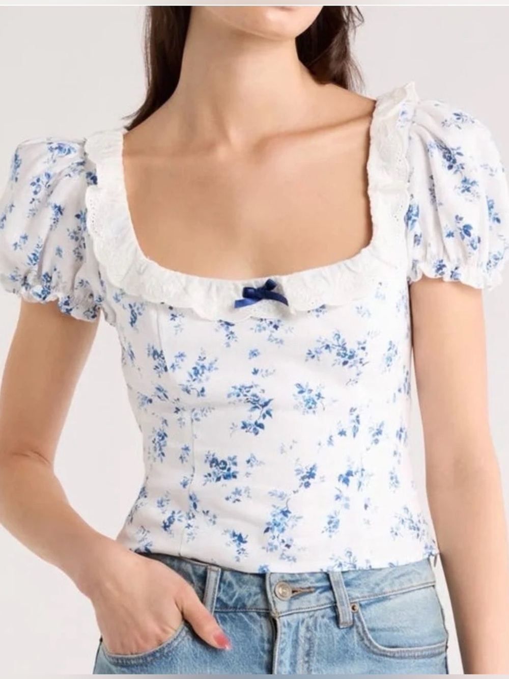 REFORMATION - Alice Lace Trim Puff Sleeve Crop Top Size 0